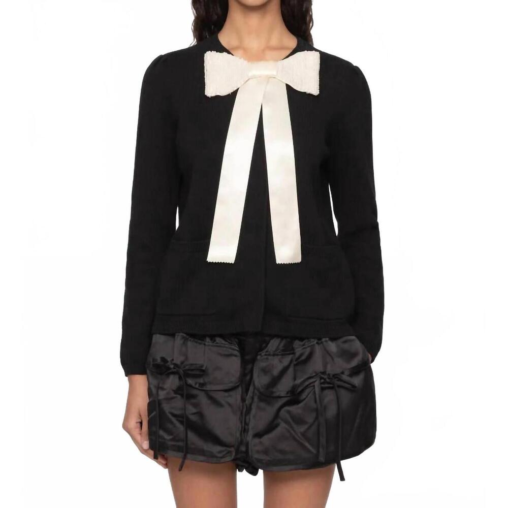 NEW SEA seraphine satin bow wool cardigan in black